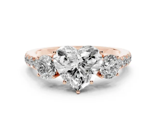 Heart Cut Cut Diamond Three-Stone Ring with Round Side Stones and Pavé Band Rose gold