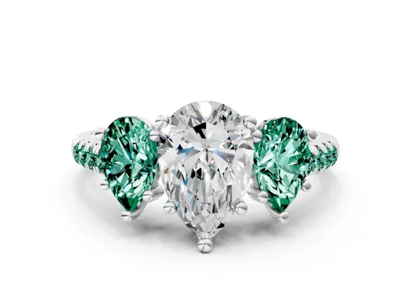 Three-Stone Pear Cut Diamond Ring with Round Green Sapphire Pavé Band and Prong Setting White gold