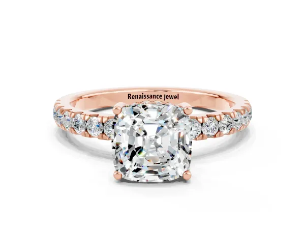 Cushion Cut Moissanite Pave Band Solitaire Ring with Round and Prong Setting Rose gold