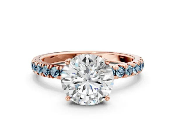 Round Cut Diamond Pave Band Solitaire Ring with Round Aquamarine and Prong Setting Rose gold