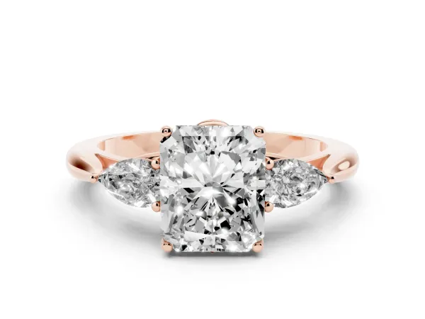 Radiant Cut Diamond Three-Stone Ring with Pear Side Stones and Prong Setting Rose gold