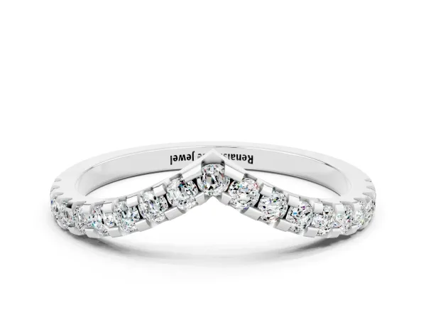 Pavé Round Moissanite Chevron Band with Shared Prong Setting White gold