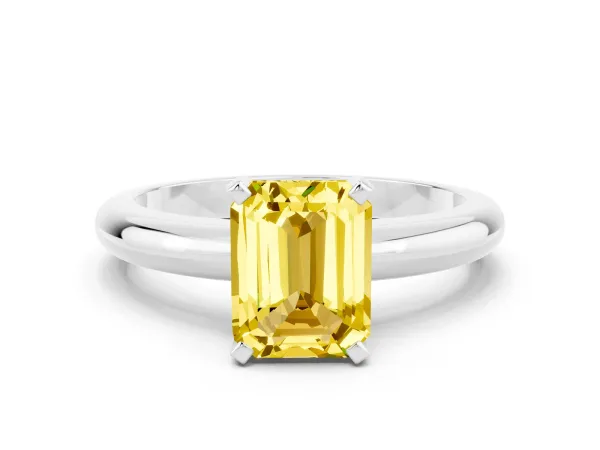 Emerald Cut Yellow Sapphire Solitaire Engagement Ring with Round Band and Four-Prong Setting Silver