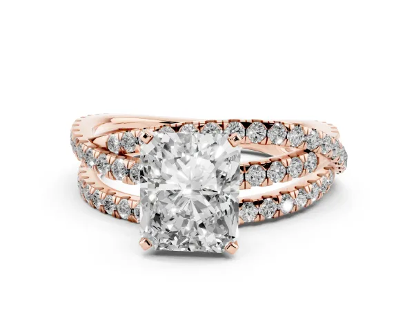 Radiant Cut Solitaire Twist Band with Pavé Setting and Four-Prong Setting Rose gold
