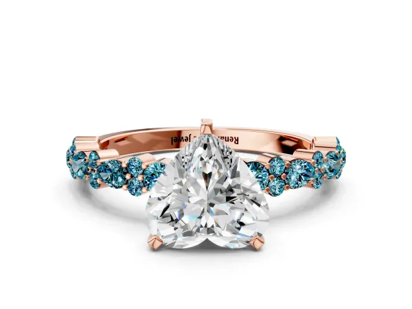 Heart Cut Diamond Side Stone Solitaire Ring with Round Blue Topaz and Four-Prong Setting Rose gold