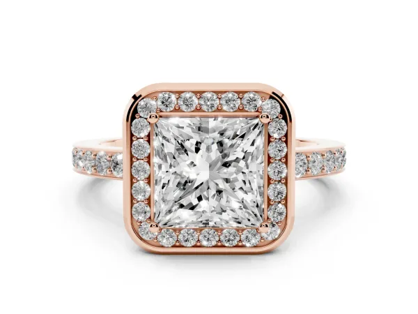 Princess Cut Diamond Halo Ring with Bezel Frame and Pavé Band Rose gold