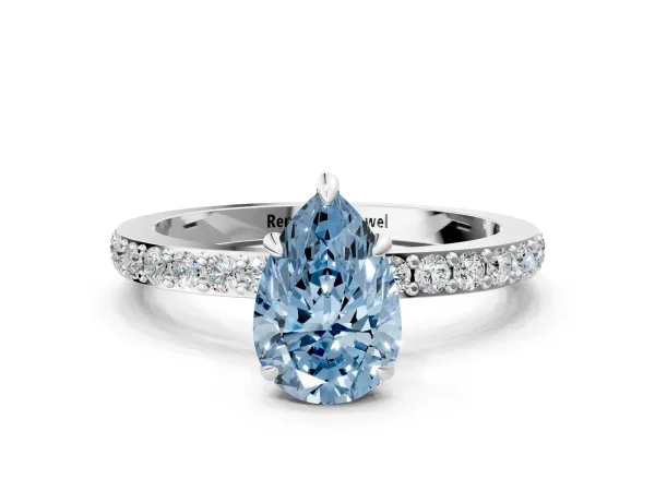 Fancy Blue Pear Cut Diamond Solitaire Engagement Ring with Pavé Band and Four-Prong Setting Platinum