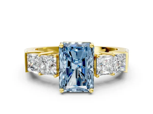 Fancy Blue Radiant Cut Solitaire Princess Side Stone Engraved Band Prong Setting Ring Yellow gold