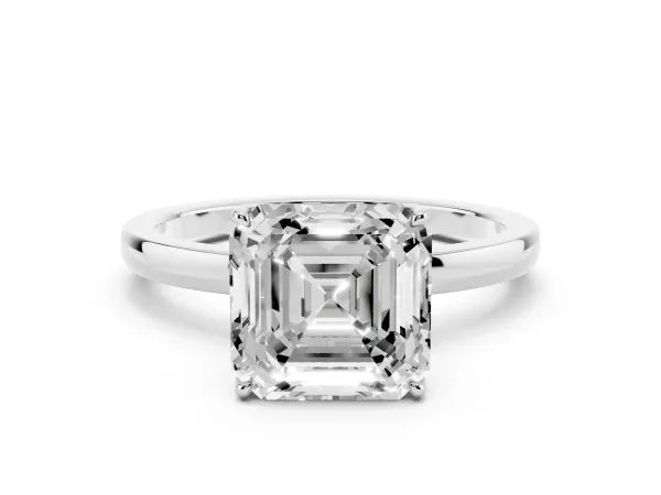 Asscher Cut Diamond Solitaire Ring with Thin Band and Prong Setting Platinum
