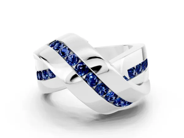 Pavé Round Blue Sapphire Crossover Band with Channel Setting White gold