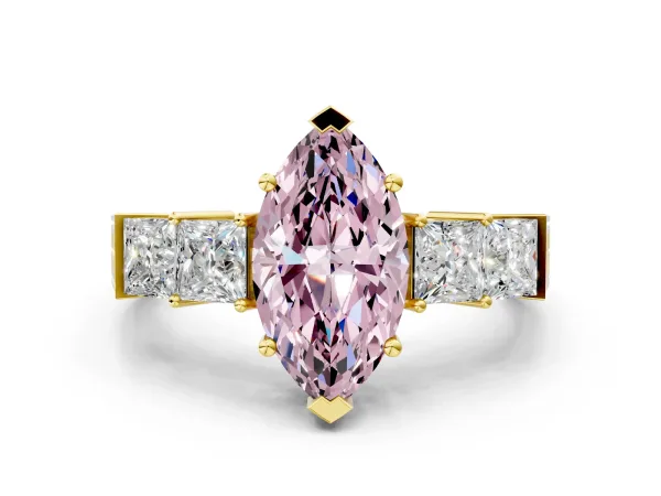 Fancy Pink Marquise Cut Solitaire Princess Side Stone Engraved Band Prong Setting Ring Yellow gold