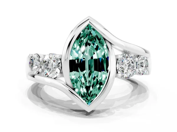 Bezel Set Marquise Cut Green Sapphire Bypass Ring with Round Accents Platinum