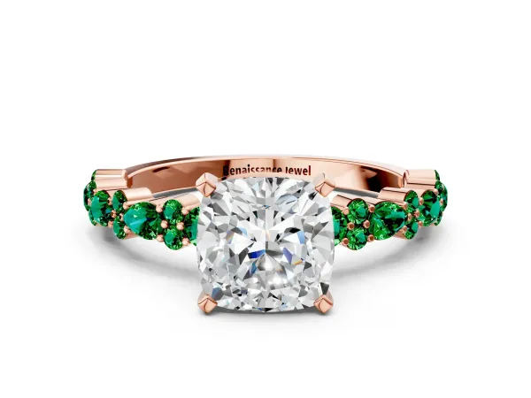 Cushion Cut Diamond Side Stone Solitaire Ring with Round Emerald and Four-Prong Setting Rose gold