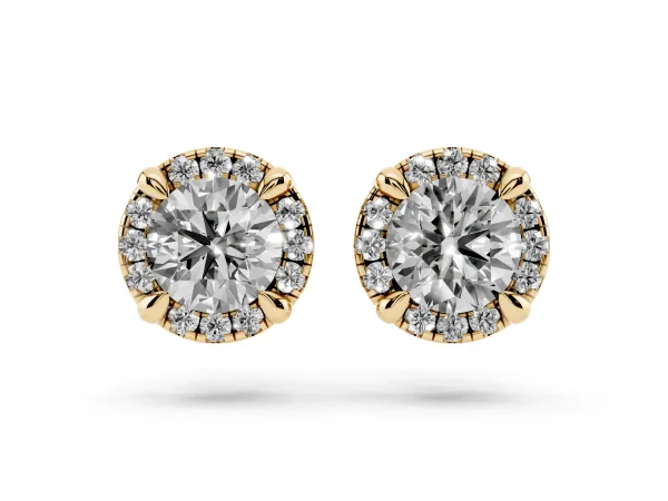 Round Cut Diamond Halo Stud Earrings with Pavé Accents Yellow gold