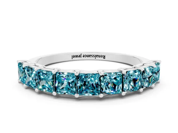 Princess Cut Blue Topaz Channel-Set Eternity Band with Prong Setting Platinum