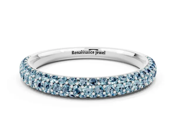Round Aquamarine Pavé Eternity Band with Shared Prong Setting White gold