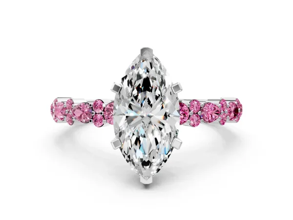 Marquise Cut Diamond Side Stone Solitaire Ring with Round Pink Sapphire and Four-Prong Setting White gold