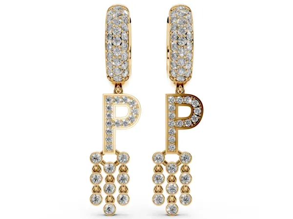 Round Diamond Initial P Huggie Hoop Earrings Yellow gold