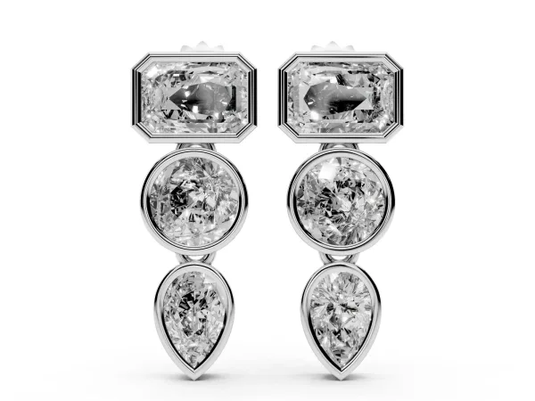 Emerald, Round and Pear Diamond Bezel Drop Earrings Platinum