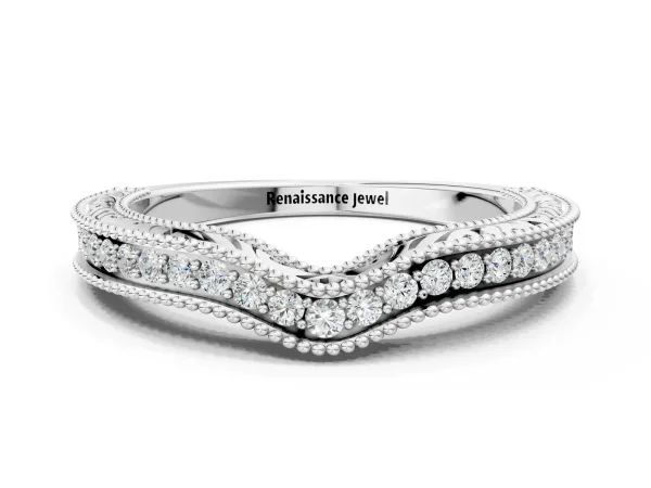 Pave Round Diamond Curved Milgrain Band Silver