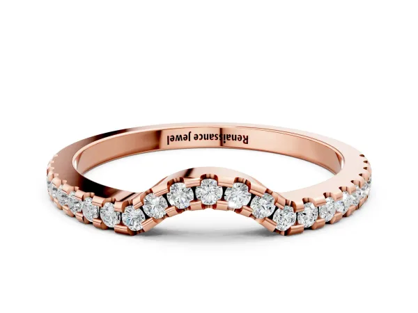 Pavé Round Diamond Curved Wedding Band with Shared Prong Setting Rose gold