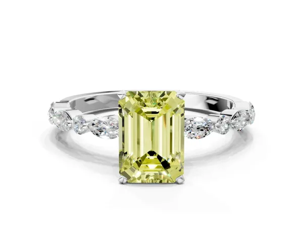 Fancy Yellow Emerald Cut Diamond Ring with Marquise and Round Side Stones and Four-Prong Setting White gold