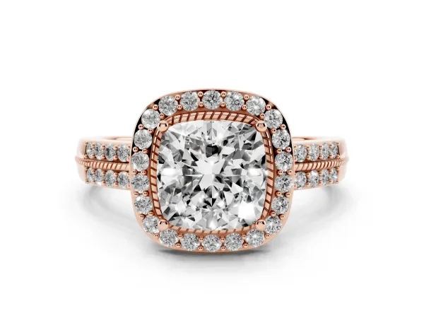 Cushion Cut Diamond Double Halo Ring with Split Shank and Four-Prong Setting Rose gold