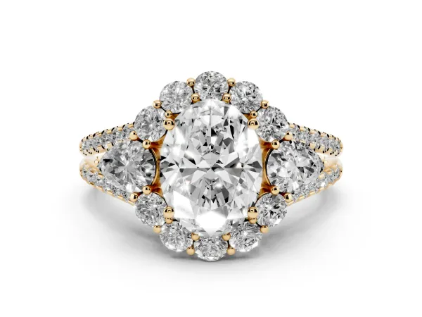 Oval Cut Halo Split Shank Diamond Engagement Ring with Prong Setting Yellow gold