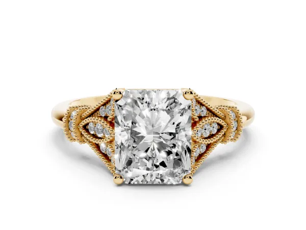 Radiant Cut Diamond Solitaire Ring with Floral Filigree and Pave Accents Yellow gold