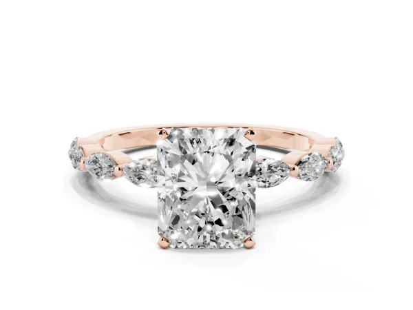 Radiant Cut Diamond Ring with Marquise Side Stones and Prong Setting Rose gold