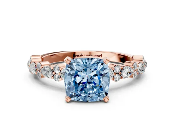 Fancy Blue Cushion Cut Diamond Side Stone Solitaire Ring with Round and Four-Prong Setting Rose gold