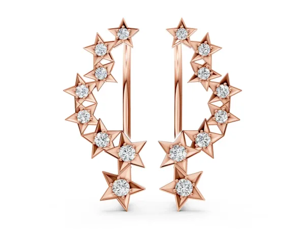 Star Cluster Diamond Crescent Earrings with Round Cut Stones on a Curved Band and Prong Setting Rose gold