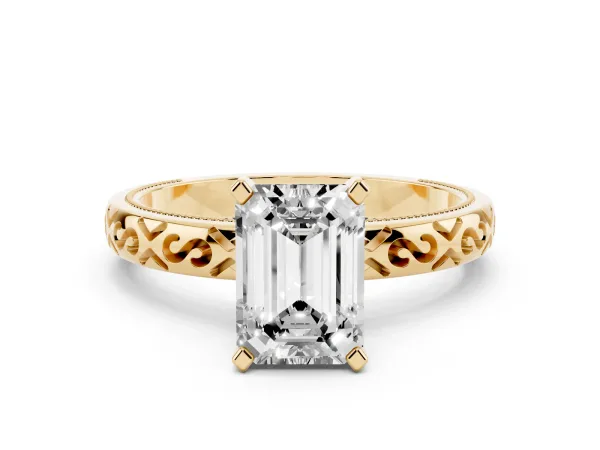 Emerald Cut Solitaire Engagement Ring with Scrollwork Band and Four-Prong Setting Yellow gold