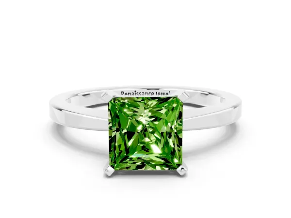 Princess Cut Peridot Solitaire Engagement Ring with Classic Band and Four-Prong Setting Silver