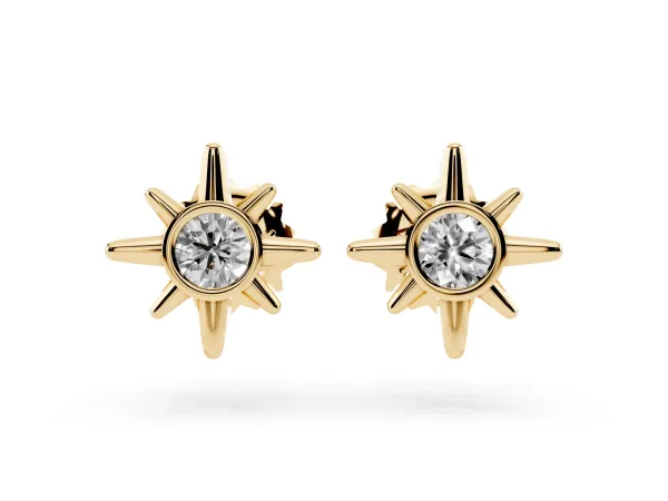 Round Diamond Sol Starburst Stud Earrings Yellow gold