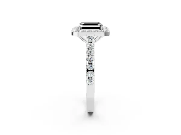 Fancy Black Asscher Cut Diamond Halo Ring with Round Pavé Split Shank and Prong Setting Platinum