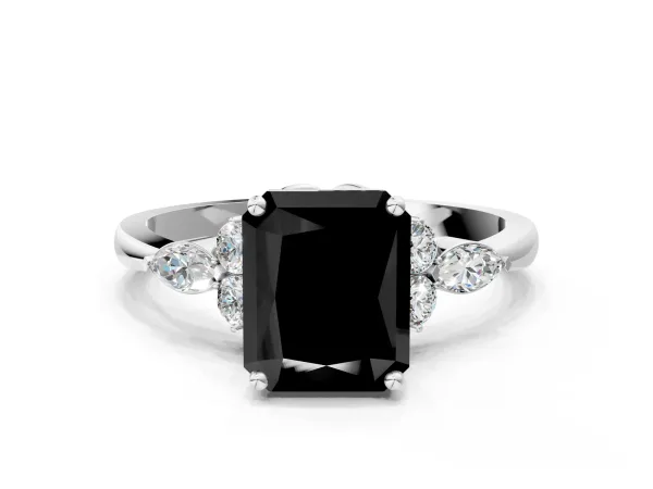 Fancy Black Radiant Cut Brilliant Diamond Solitaire Ring with Pear Side Stones and Four-Prong Setting Platinum