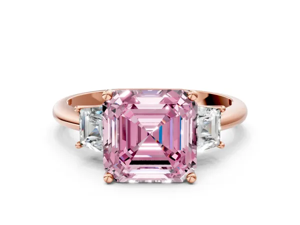Fancy Pink Asscher Cut Diamond Three-Stone Ring with Trapezoid Side Stones and Prong Setting Rose gold