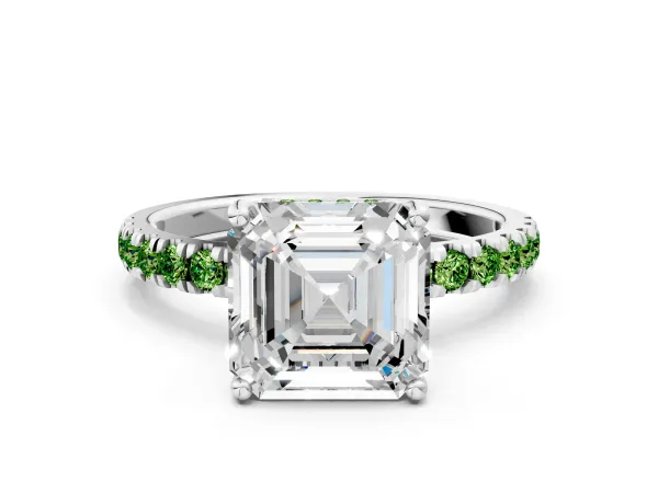 Asscher Cut Diamond Pave Band Solitaire Ring with Round Peridot and Prong Setting Platinum