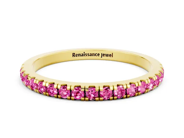 Pavé Round Pink Sapphire Half Eternity Band with Shared Prong Setting Yellow gold
