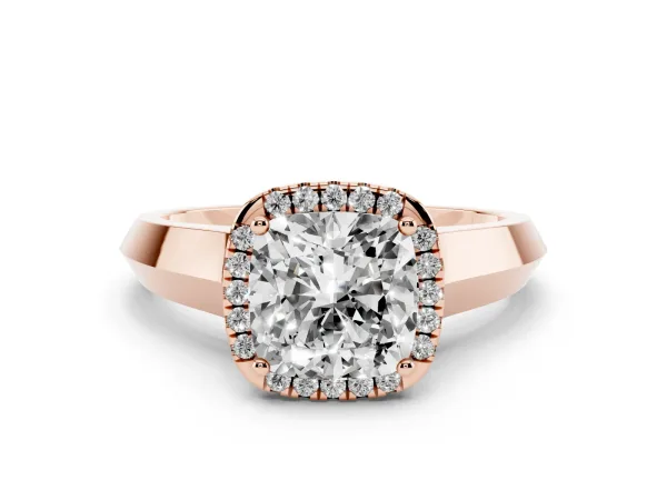 Cushion Cut Halo Diamond Ring with Cathedral Band and Four-Prong Setting Rose gold