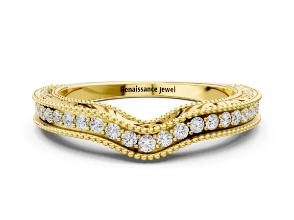 Pave Round Diamond Curved Milgrain Band Yellow gold