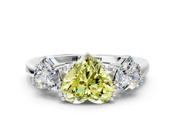 Fancy Yellow Three-Stone Heart Cut Cut Diamond Ring with Channel Set Band and Four-Prong Setting Platinum