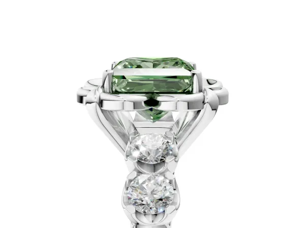 Fancy Green Princess Cut Cut Diamond Floral Halo Engagement Ring with Shared Prong Setting Platinum