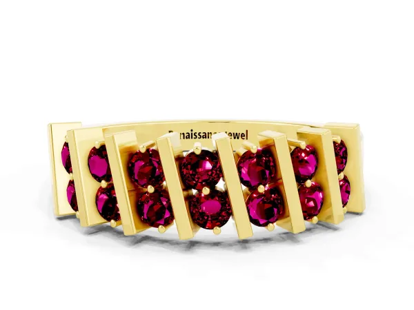 Channel Set Round Garnet Anniversary Band with Vertical Prongs Yellow gold