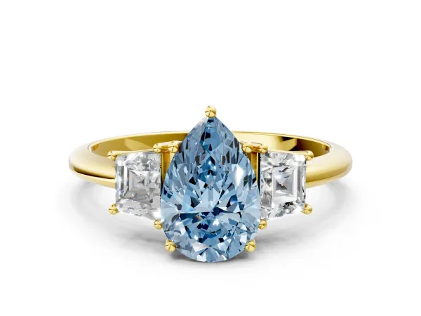 Fancy Blue Pear Cut Diamond Three-Stone Ring with Trapezoid Side Stones and Prong Setting Yellow gold