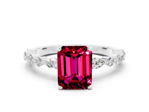 Emerald Cut Garnet Ring with Marquise and Round Side Stones and Four-Prong Setting White gold