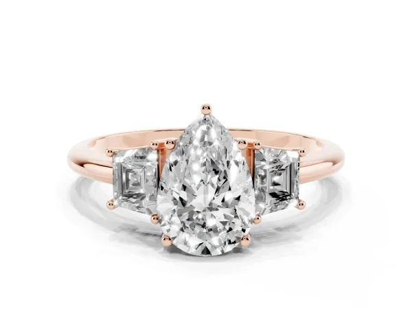 Pear Cut Diamond Three-Stone Ring with Trapezoid Side Stones and Prong Setting Rose gold