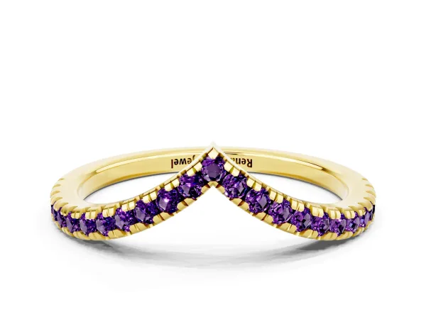 Pavé Round Amethyst V-Shaped Chevron Band with Shared Prong Setting Yellow gold