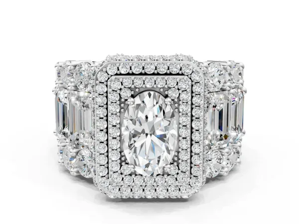 Oval Diamond Halo Mens Ring with Baguette Side Stones Platinum